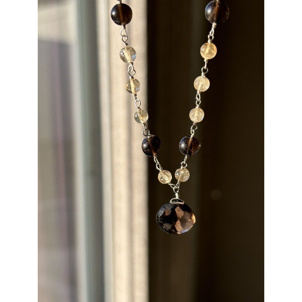New Citrine & Smokey Quartz Station Sterling Silver 18”-20” Necklace in Gift Box